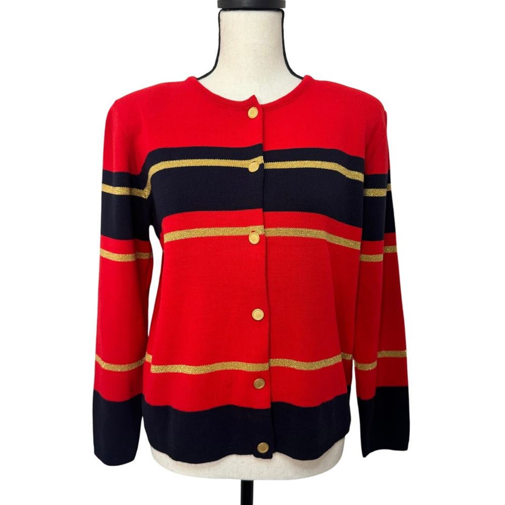VTG Karen Lessly Women's‎ M Acrylic Striped Button-Up Sweater Red/Blue/Gold